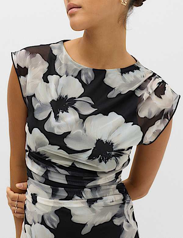 Mesh Floral Ruched Midi Waisted Dress - CZ