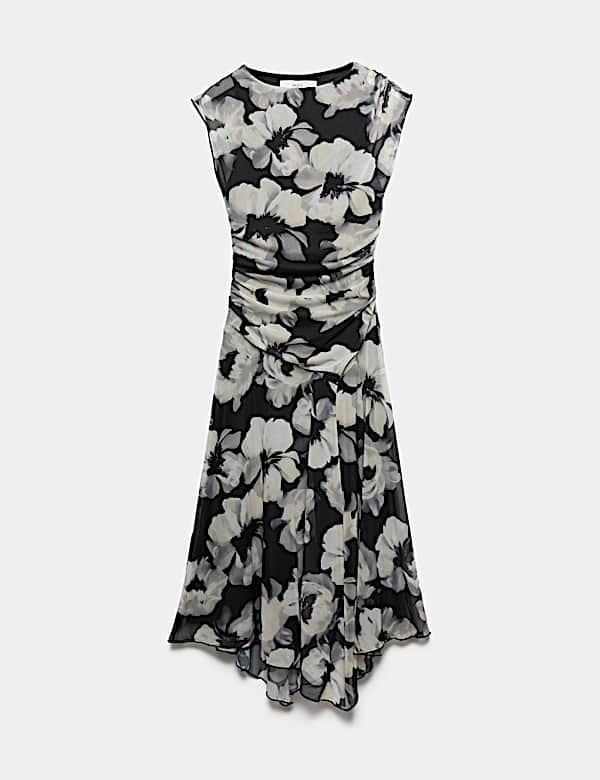 Mesh Floral Ruched Midi Waisted Dress - CZ