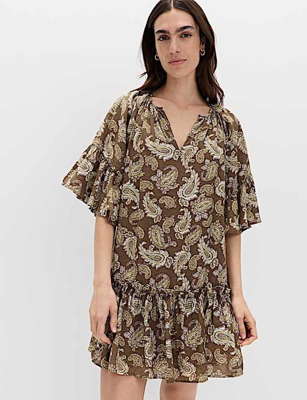 Paisley Angel Sleeve Mini Tiered Dress - US