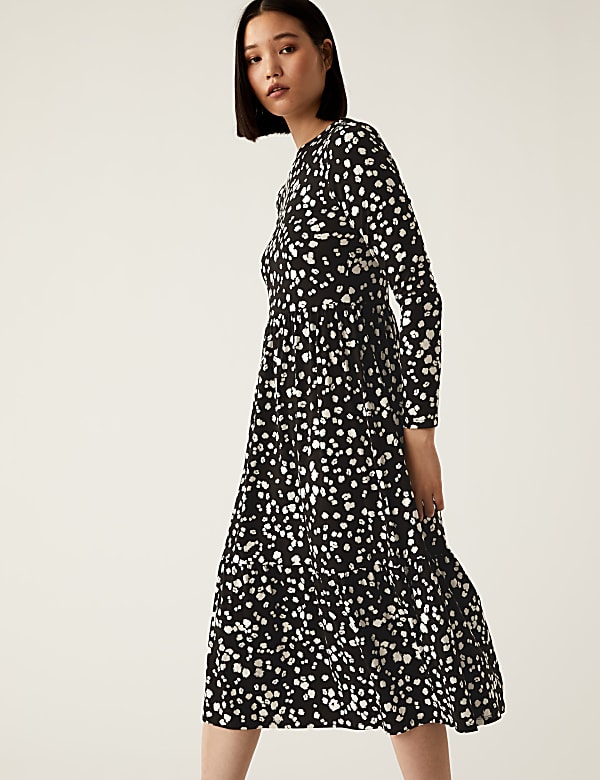 Jersey Printed Round Neck Midi Tiered Dress