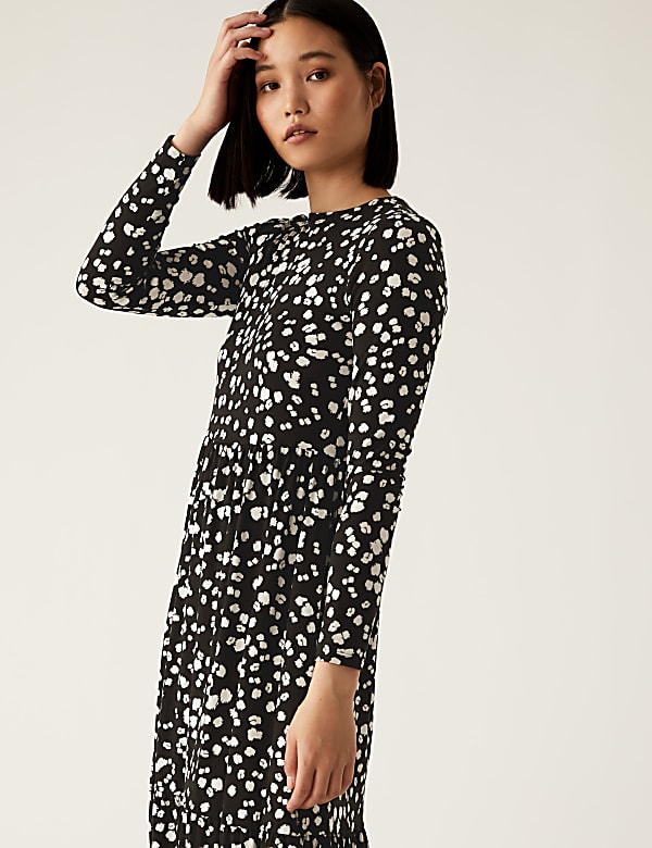 Jersey Printed Round Neck Midi Tiered Dress