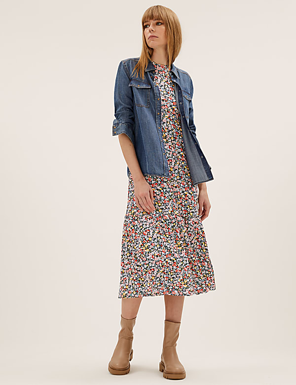 Jersey Floral Midi Tiered Dress