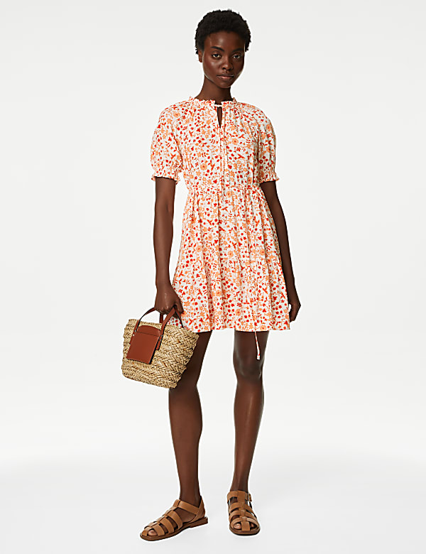 Printed Tie Neck Mini Tiered Dress