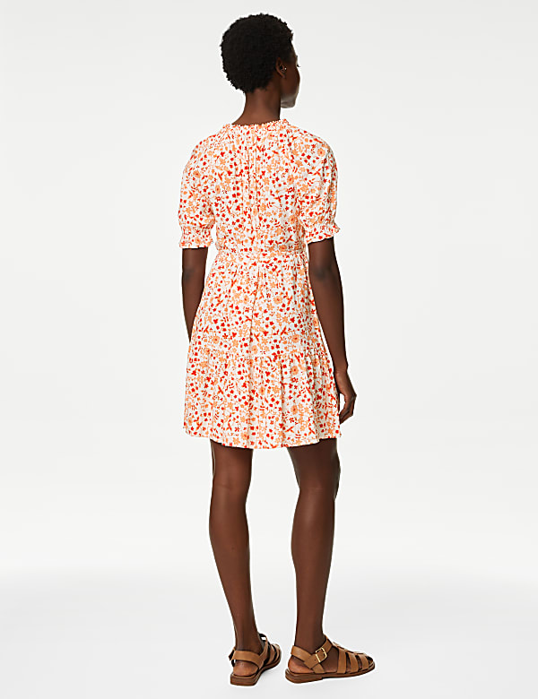 Printed Tie Neck Mini Tiered Dress