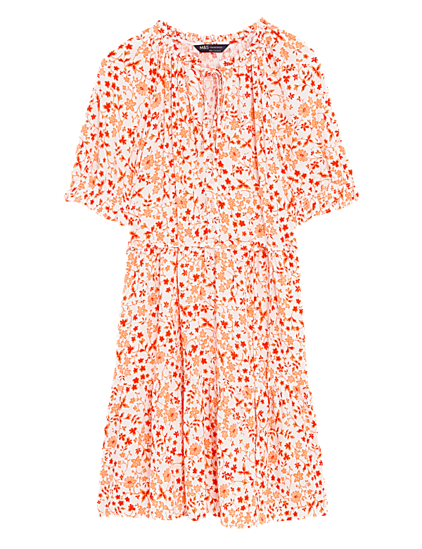 Printed Tie Neck Mini Tiered Dress