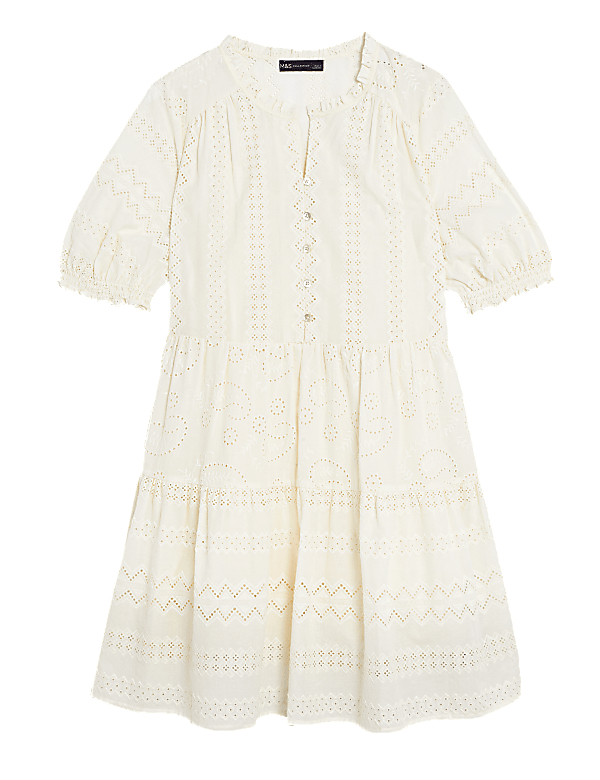 Pure Cotton Broderie V-Neck Mini Dress