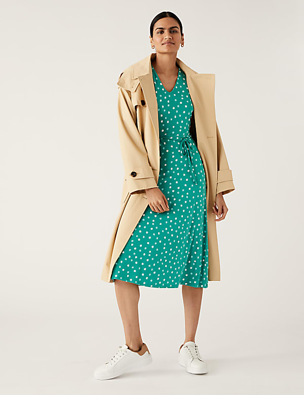 Jersey Polka Dot V-Neck Midi Tea Dress