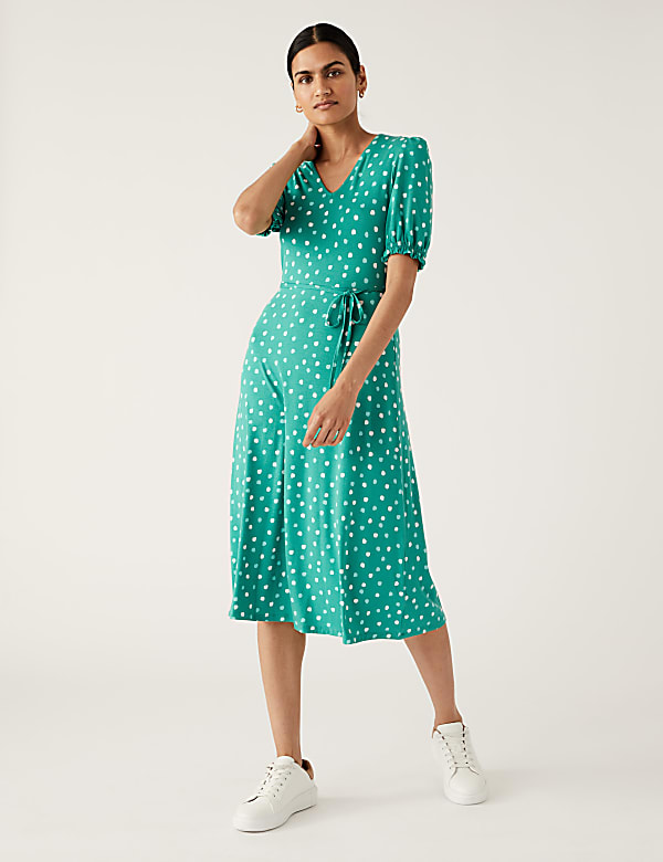 Jersey Polka Dot V-Neck Midi Tea Dress