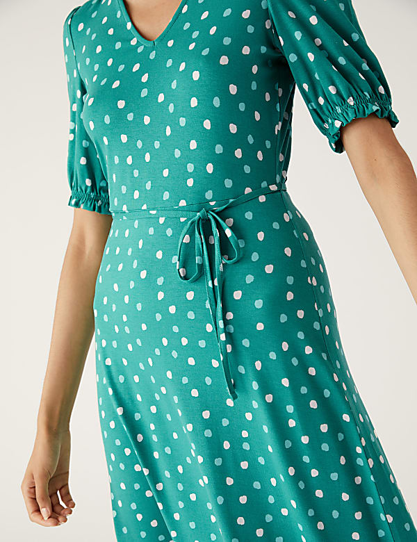 Jersey Polka Dot V-Neck Midi Tea Dress