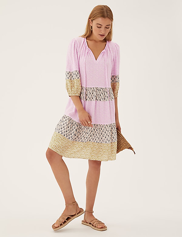Printed Tie Neck Knee Length Smock Dress