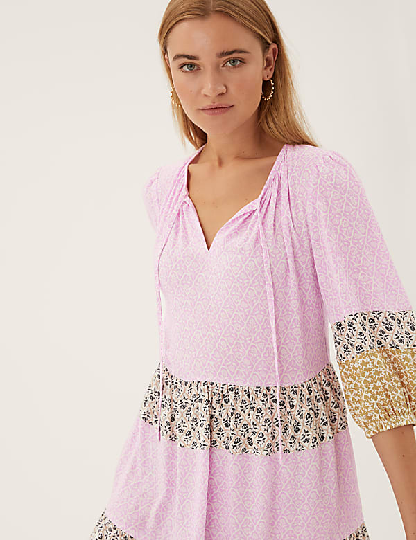 Printed Tie Neck Knee Length Smock Dress