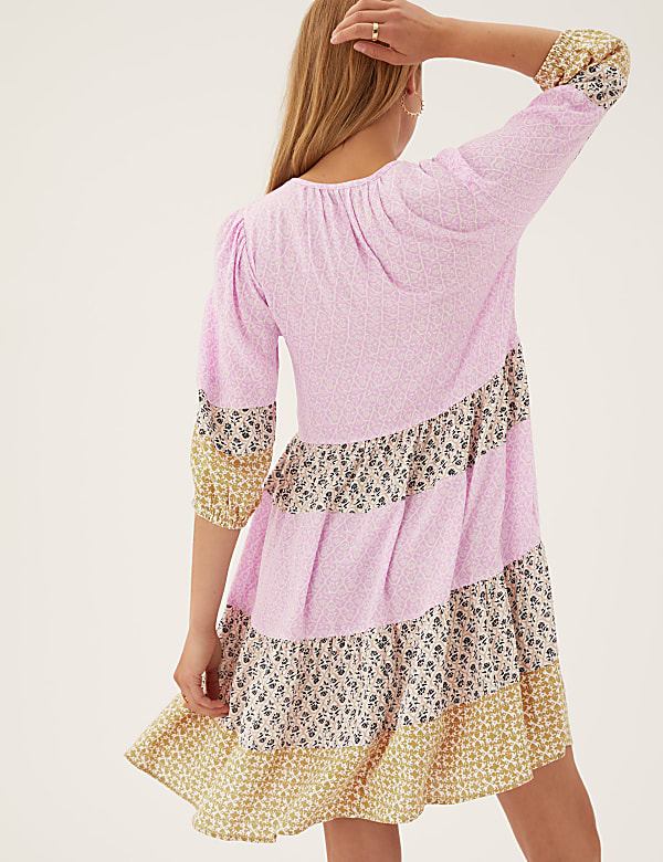 Printed Tie Neck Knee Length Smock Dress