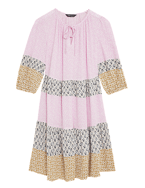 Printed Tie Neck Knee Length Smock Dress