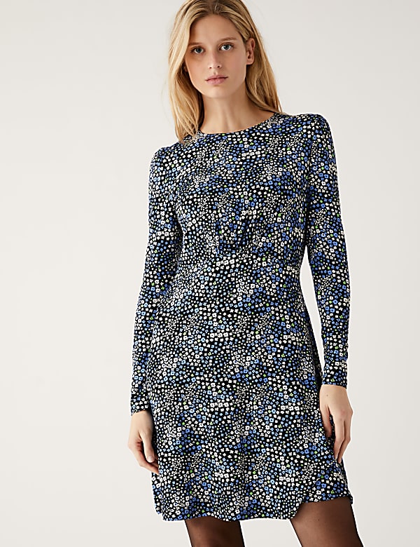 Jersey Printed Round Neck Mini Skater Dress