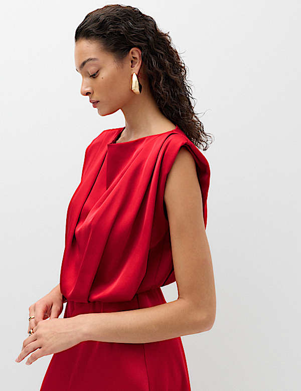 Satin Pleat Detail Midaxi Waisted Dress - VN