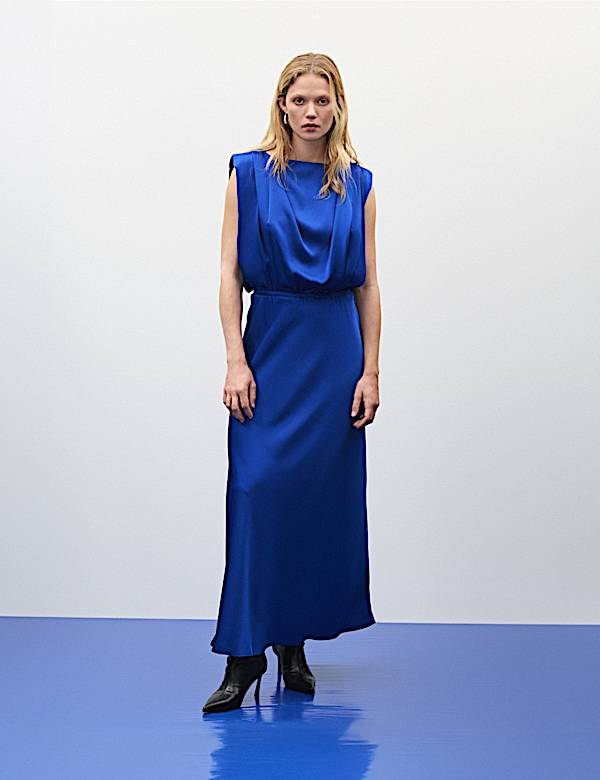 Satin Pleat Detail Midaxi Waisted Dress - UA