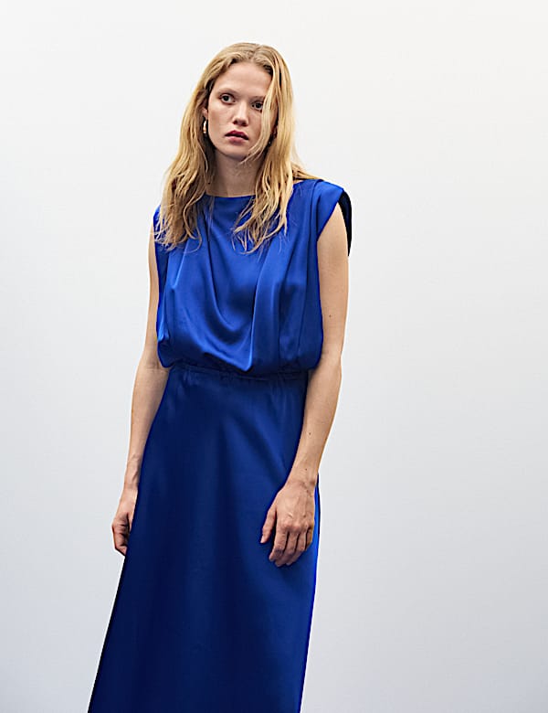 Satin Pleat Detail Midaxi Waisted Dress - UA