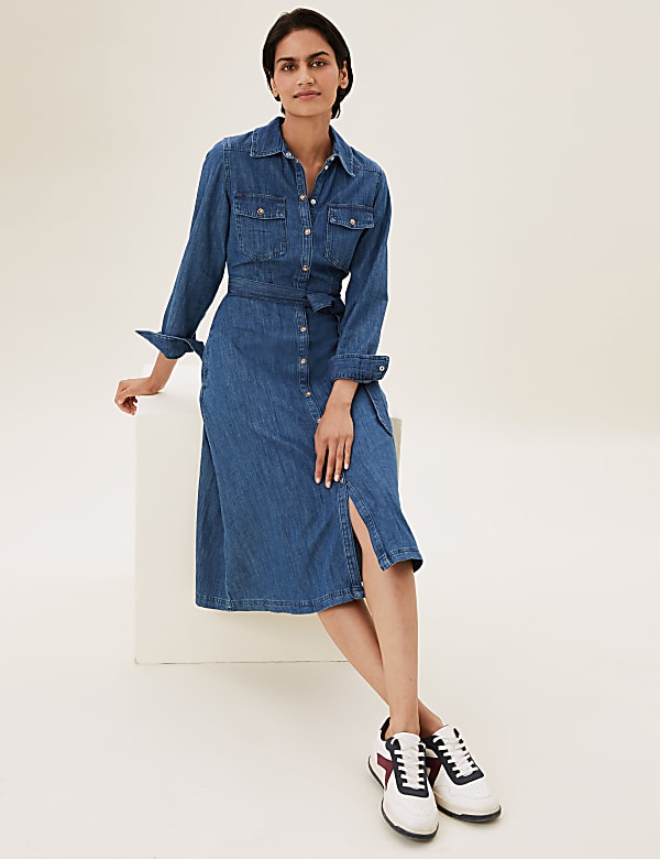 Denim shirt dress belted clearance