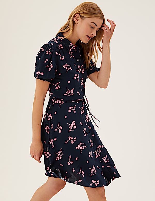 Floral Belted Mini Shirt Dress