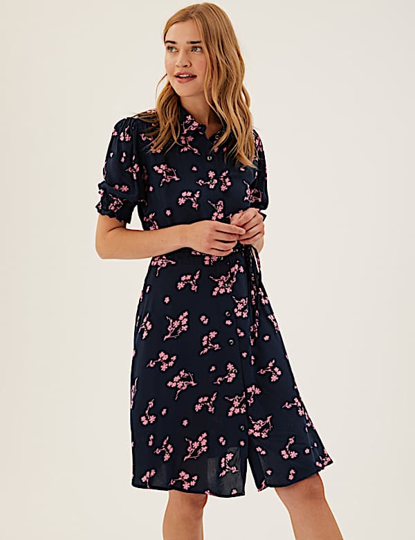 Floral Belted Mini Shirt Dress