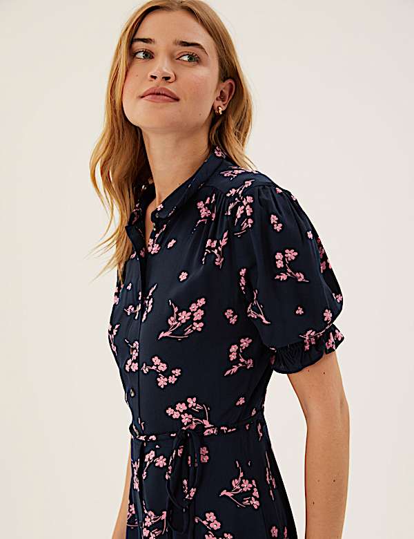 Floral Belted Mini Shirt Dress