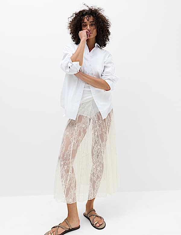 Cotton Blend Lace Midi Circle Skirt - LU