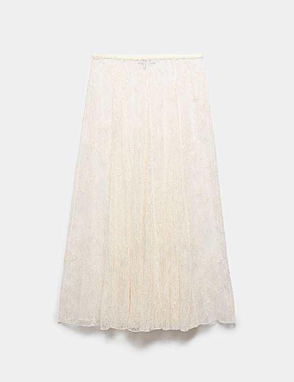 Cotton Blend Lace Midi Circle Skirt - LU