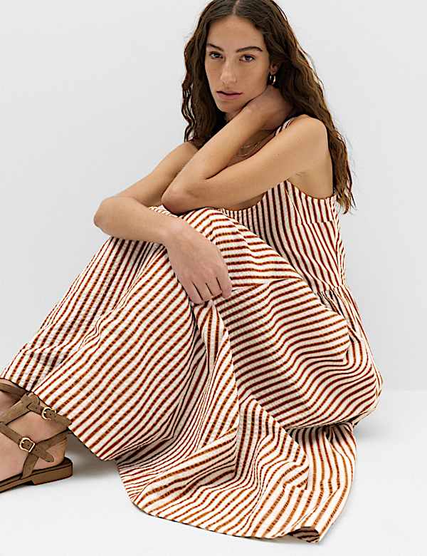 Pure Cotton Striped Midi Waisted Dress - NL