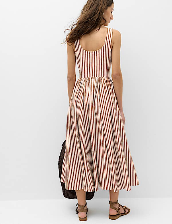 Pure Cotton Striped Midi Waisted Dress - NL