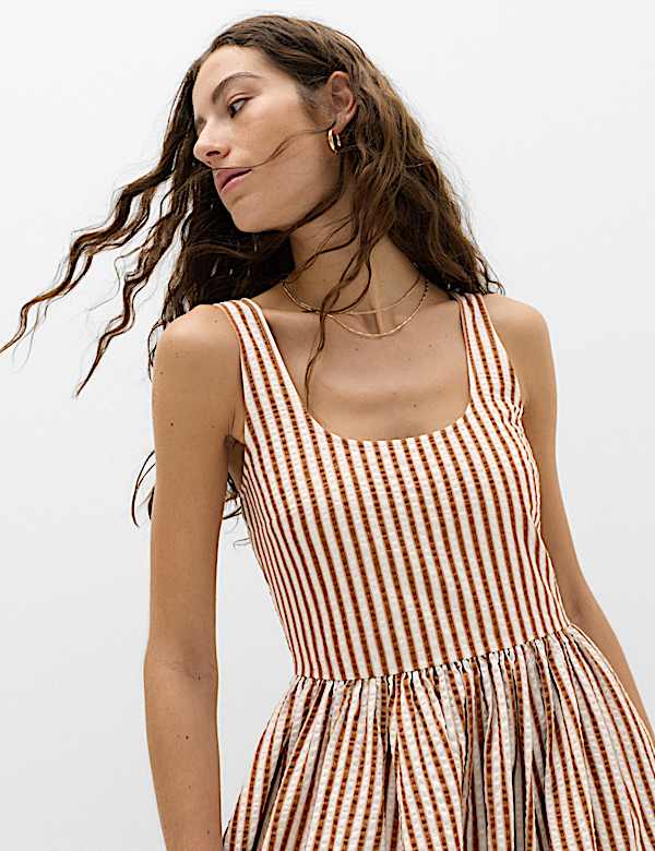 Pure Cotton Striped Midi Waisted Dress - NL