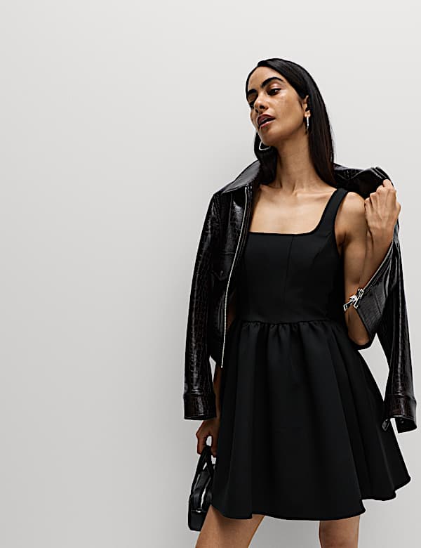 Square Neck Mini Waisted Dress | BLACK | Dresses | M&S JE