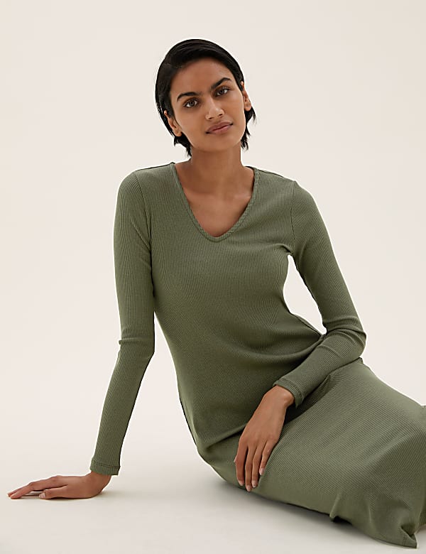 Ribbed V-Neck Midi Column Dress
