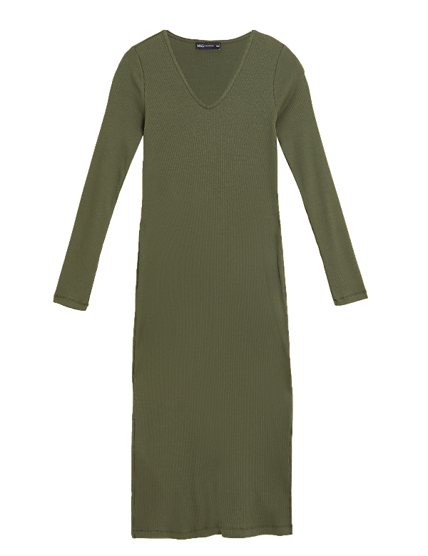 Ribbed V-Neck Midi Column Dress