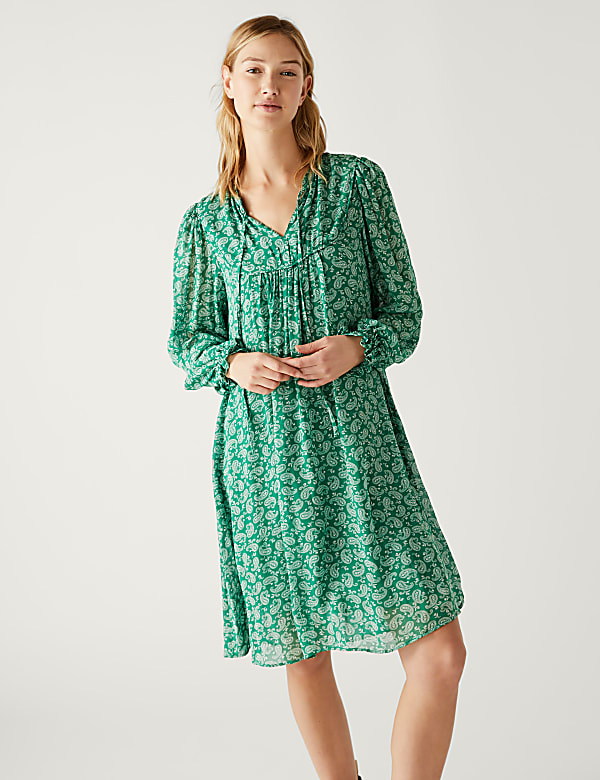 Printed Tie Neck Knee Length Smock Dress