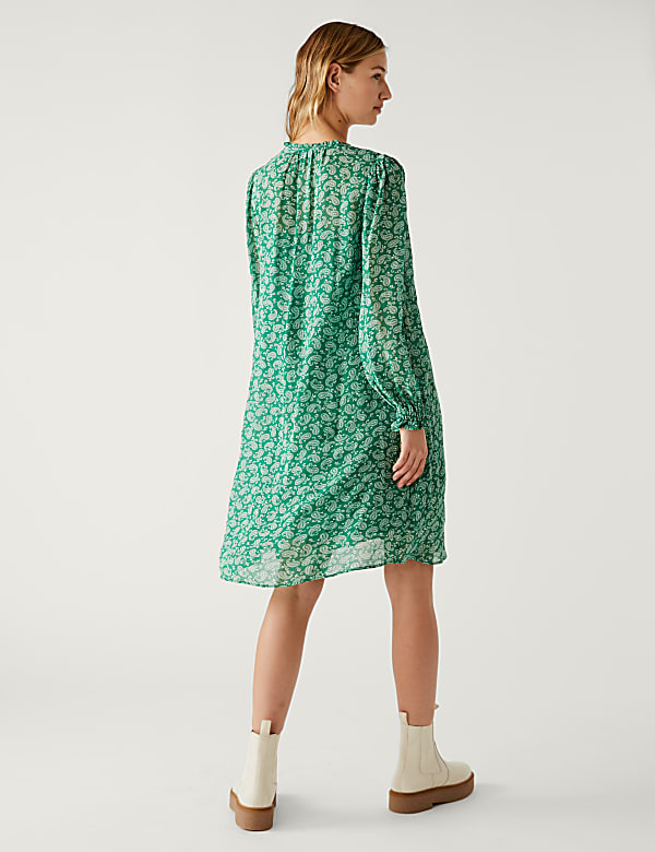 Printed Tie Neck Knee Length Smock Dress
