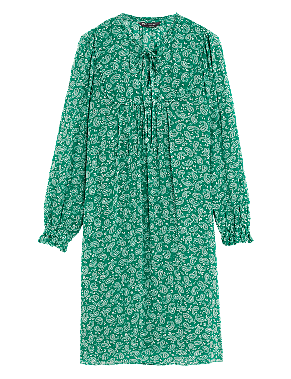 Printed Tie Neck Knee Length Smock Dress