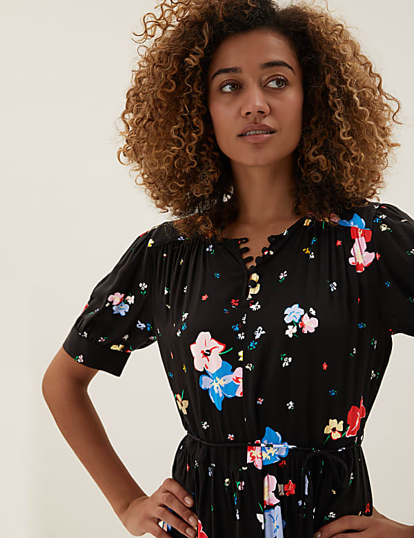 Floral Tie Detail Midaxi Tiered Dress