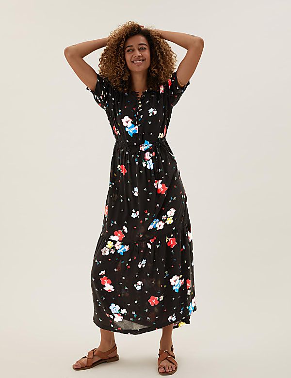 Floral Tie Detail Midaxi Tiered Dress