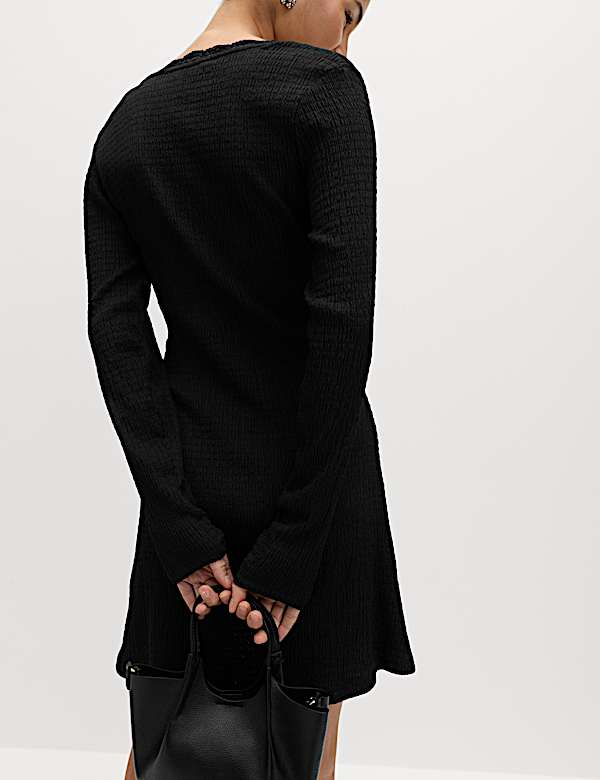 Textured V-Neck Lace Insert Mini Skater Dress - JE