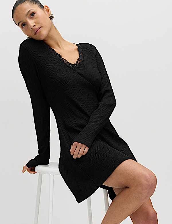 Textured V-Neck Lace Insert Mini Skater Dress - JE