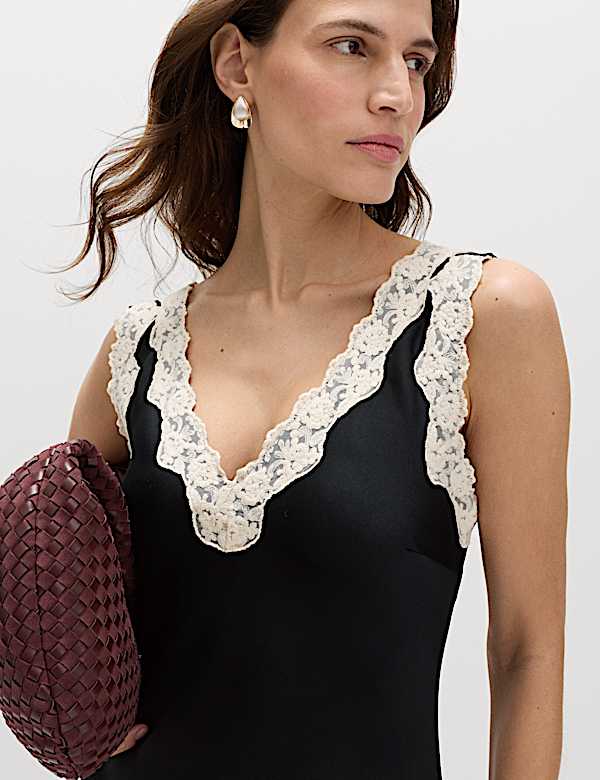 Satin V-Neck Lace Insert Midi Slip Dress - NZ