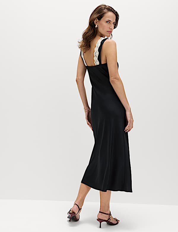 Satin V-Neck Lace Insert Midi Slip Dress - NZ