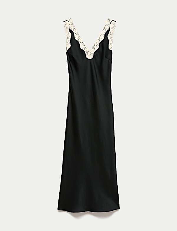 Satin V-Neck Lace Insert Midi Slip Dress - NZ