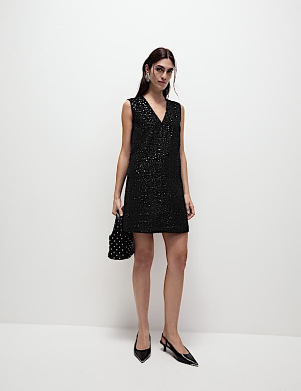 Sparkly V-Neck Mini Shift Dress