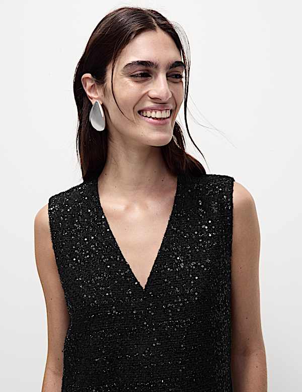 Sparkly V-Neck Mini Shift Dress - RS