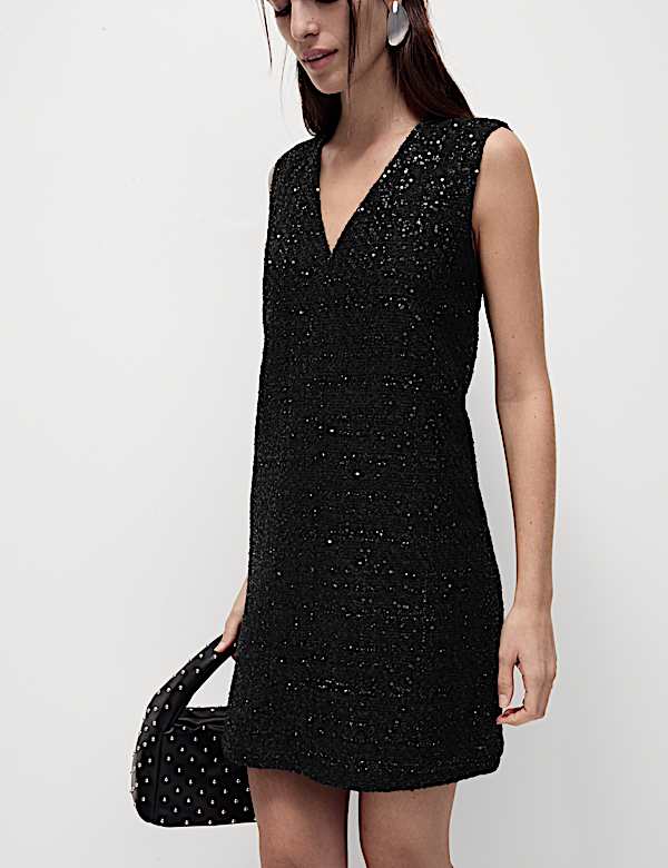 Sparkly V-Neck Mini Shift Dress - RS