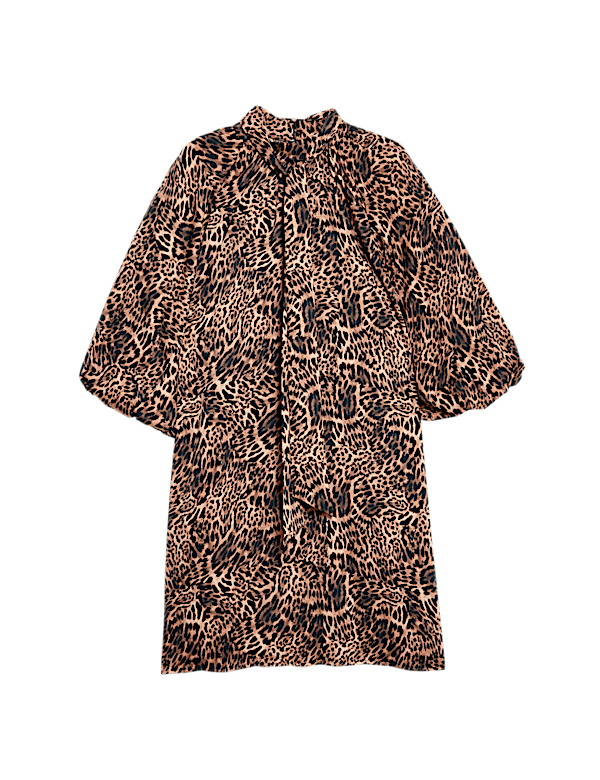 Animal Print Tie Neck Mini Shift Dress