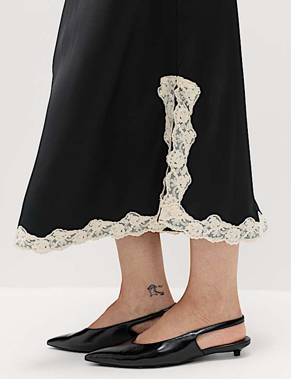 Satin Lace Trim Midi Slip Skirt - PT