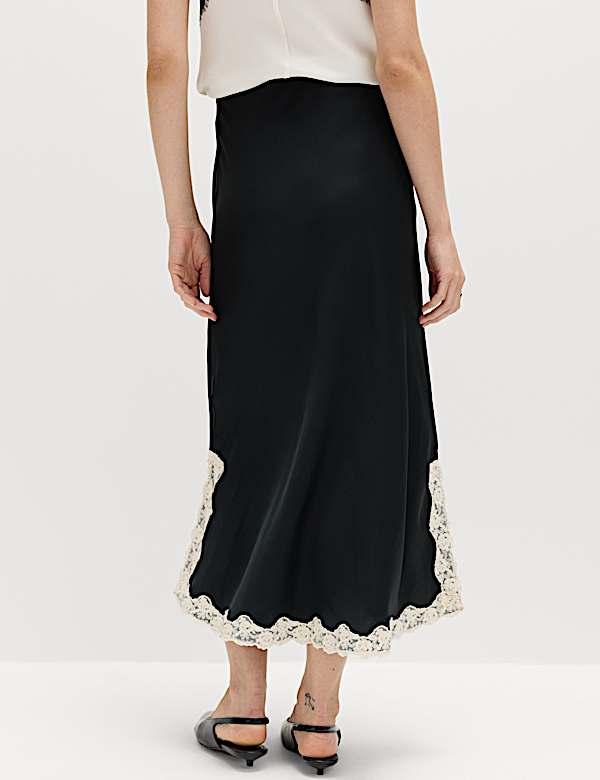 Satin Lace Trim Midi Slip Skirt - PT