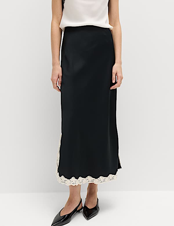 Satin Lace Trim Midi Slip Skirt - PT